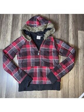 Roxy Women’s Small Quilted Plaid Hoodie Jacket Faux Fur Trim Zip-Up Red Gray